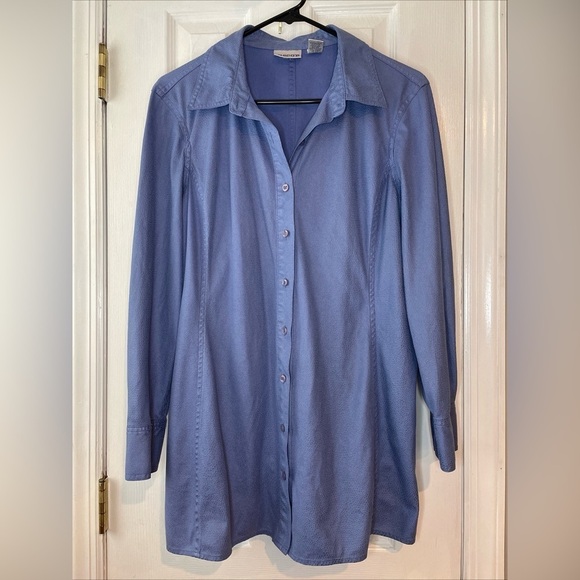Chico's Tops - Chico's 2 (Large) Blue Button Up Long Sleeve Tunic Top Collared Crackled Pattern
